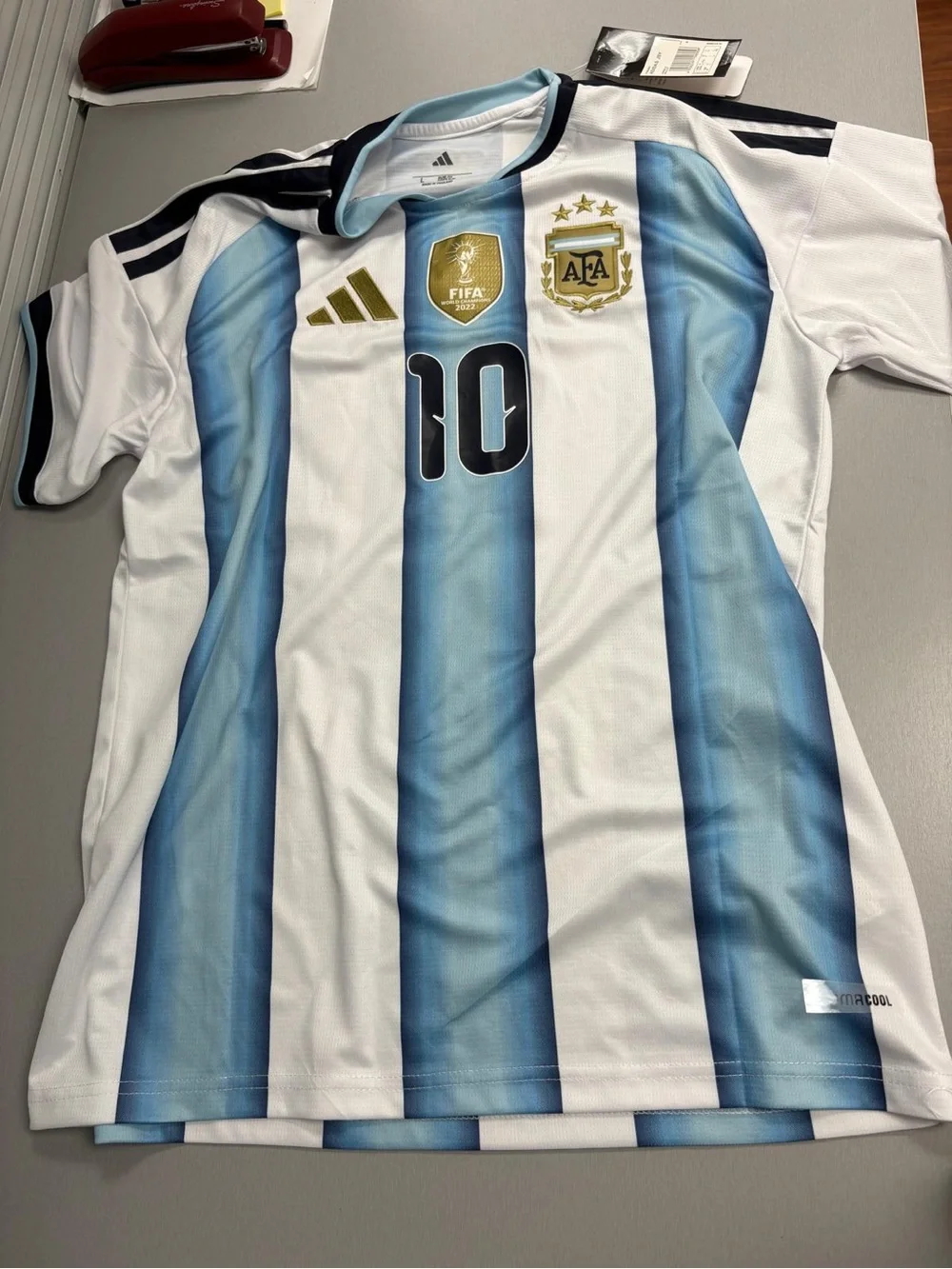 Adidas Light Blue and White Soccer Jersey Messi - Size L